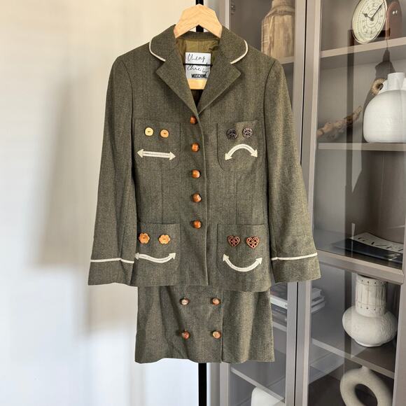 Moschino RARE Skirt Suit Nuts About You Olive Blazer Jacket Cheap & Chic XS - Picture 1 of 9
